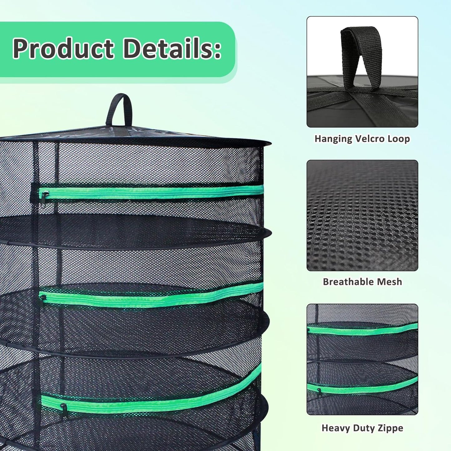 2Ft Diameter 6 Layer Herb Drying Rack Plant Hanging Mesh Dry Net W/Green Zipper