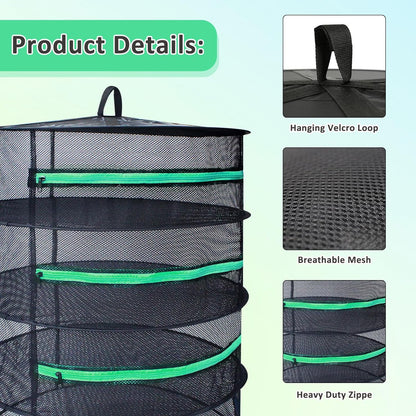 2Ft Diameter 6 Layer Herb Drying Rack Plant Hanging Mesh Dry Net W/Green Zipper